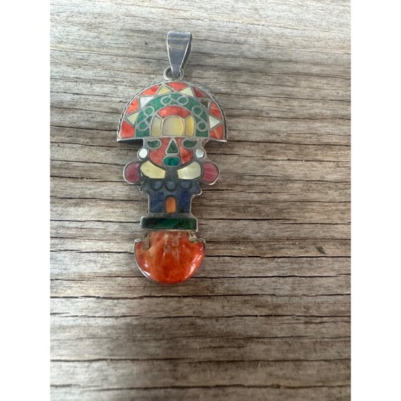 Vintage 950 Silver Tribal Figure Multi Stones Pendant - Picture 3 of 7